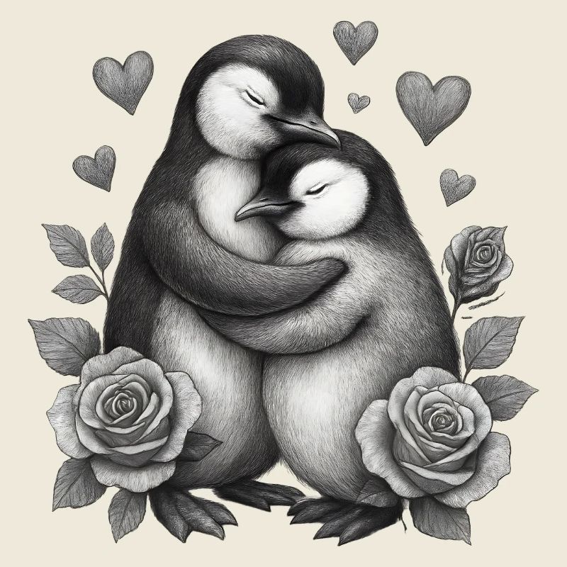 Umarmende Pinguine mit Rosen