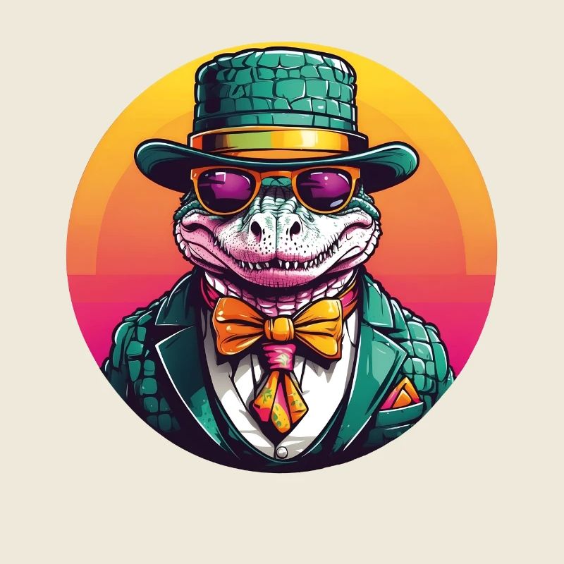 Bunter Alligator Krokodil mit Sonnenbrille und Hut