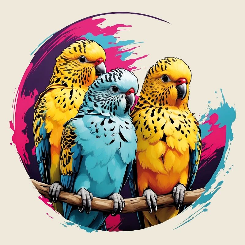 Drei Wellensittiche auf Farbkreis