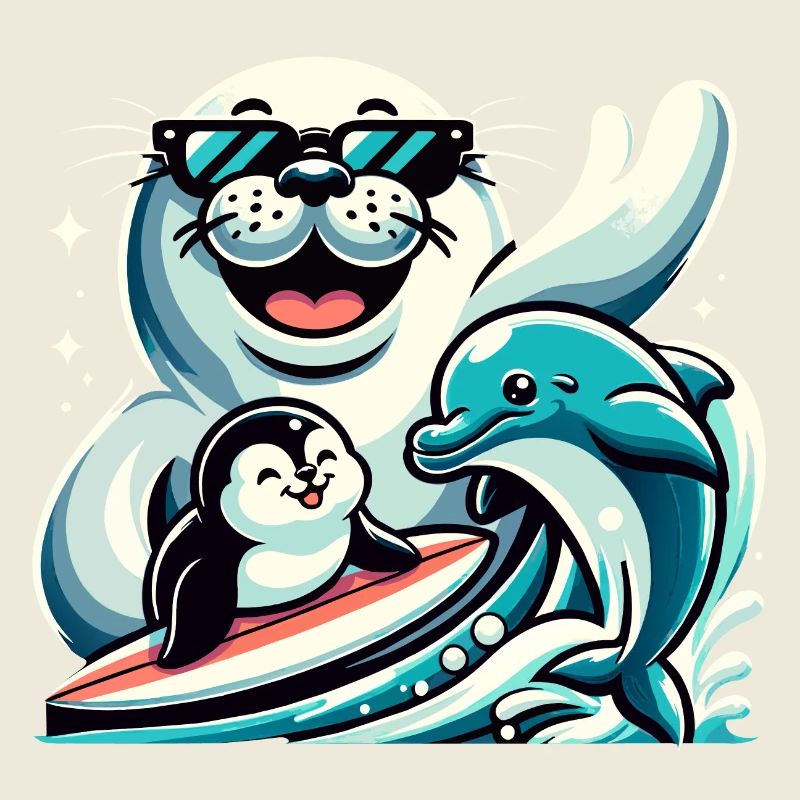 Funny animals: seal, dolphin and penguin