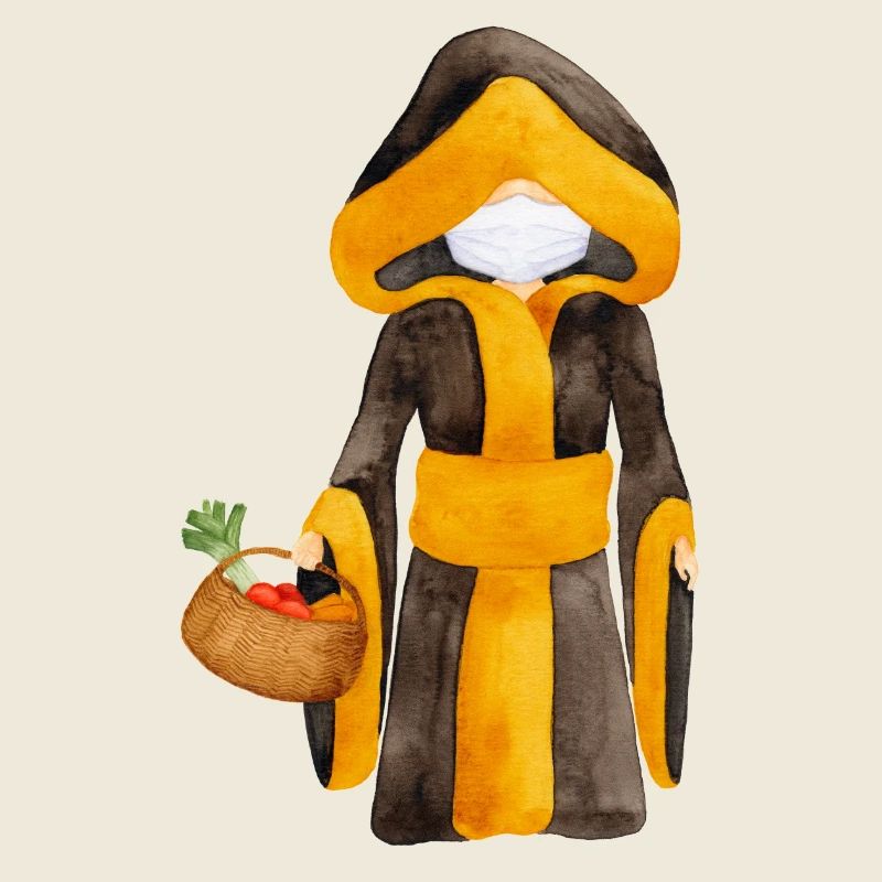 Münchner Kindl mit Maske und Einkaufskorb