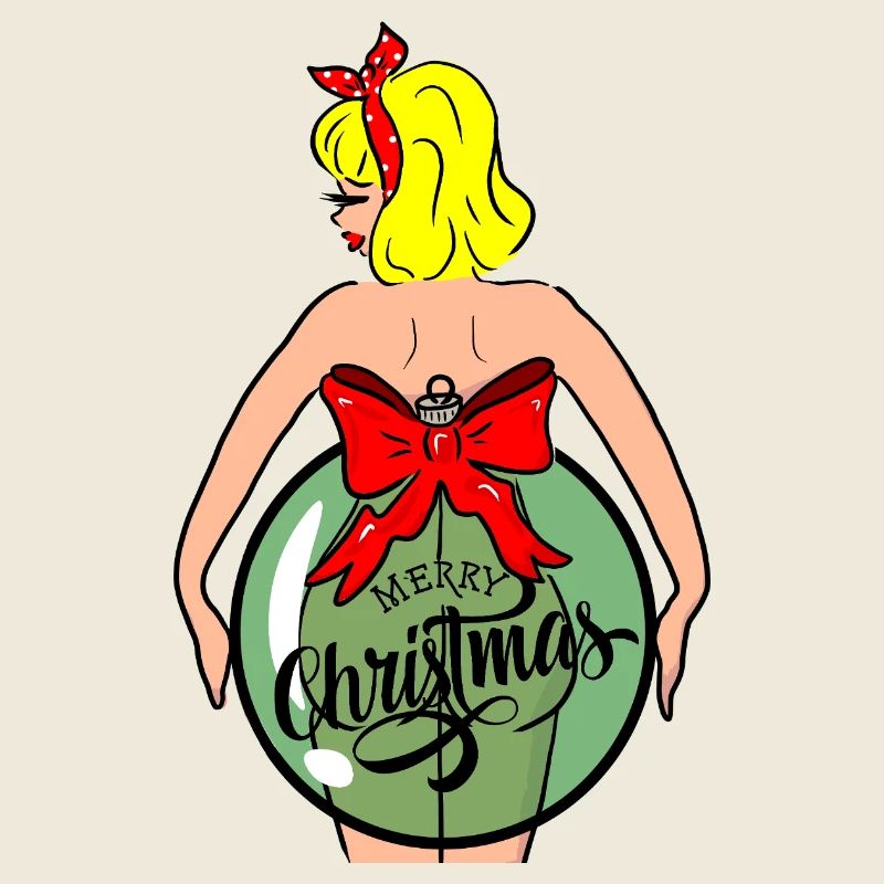 Frau mit Weihnachtskugel und roter Schleife