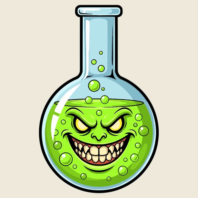 Bouteille d’alchimie verte avec un sourire sombre