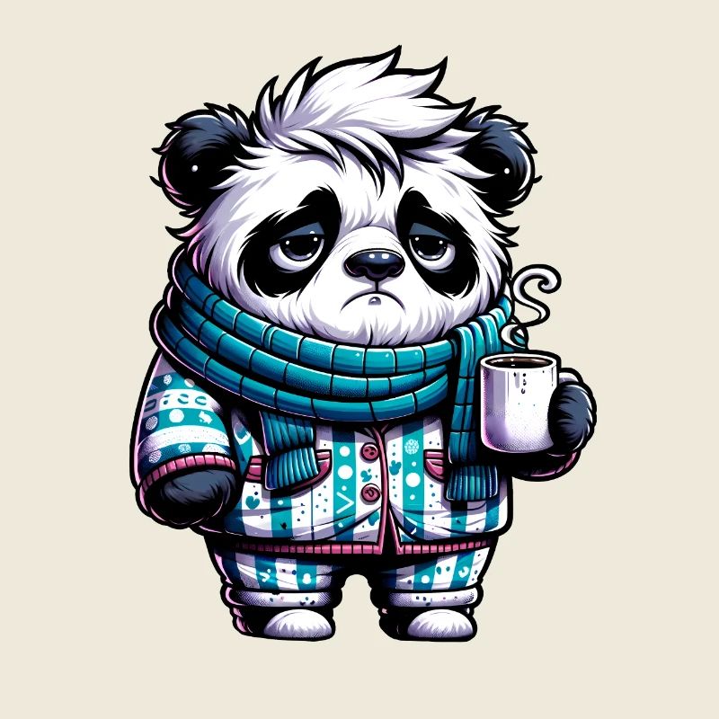 Panda in Pyjama und Schal mit einer Tasse Kaffee
