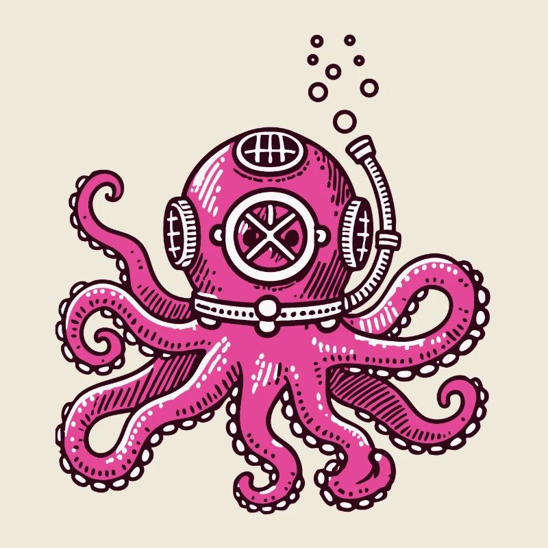 Calmar rose avec casque de plongée