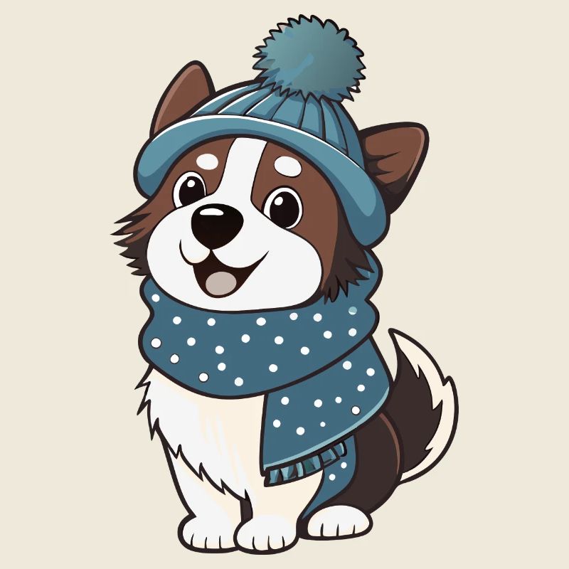 Cute dog with scarf and bobble hat.