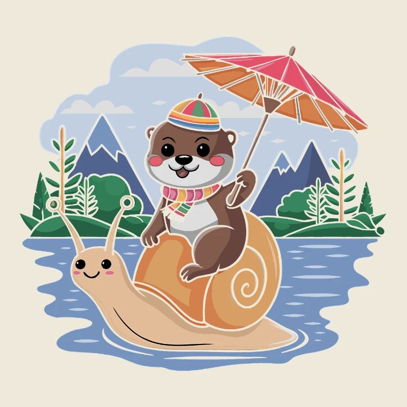 Funny otter with parasol sitting on snail