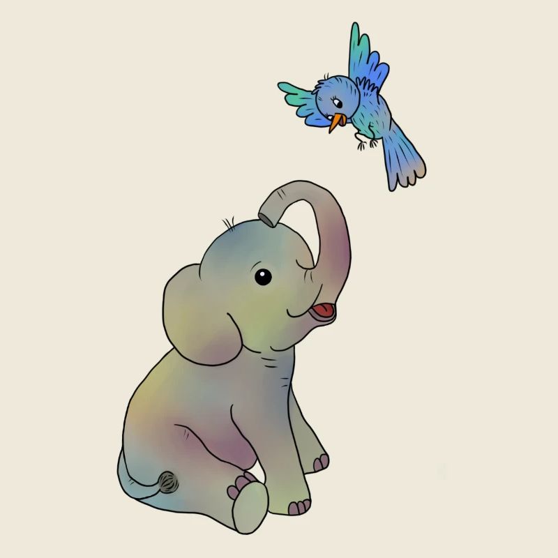 Elefant und blauer Vogel