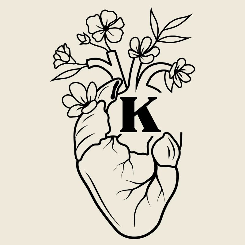 Buchstabe k Herz schwarze florale Anatomie
