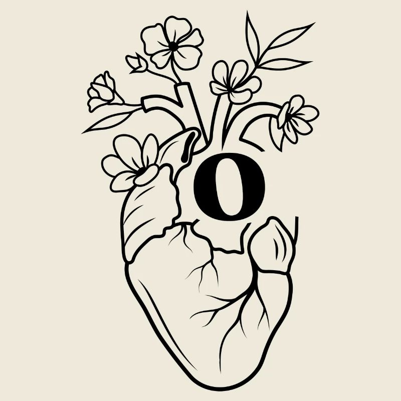 Buchstabe o Herz schwarze florale Anatomie