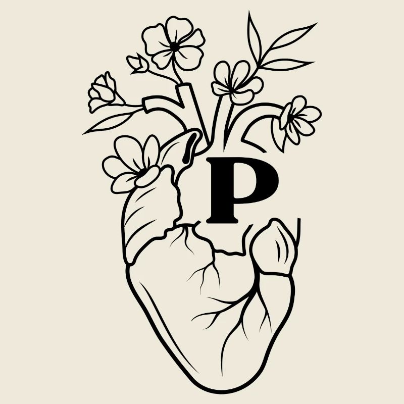Buchstabe p Herz schwarze florale Anatomie