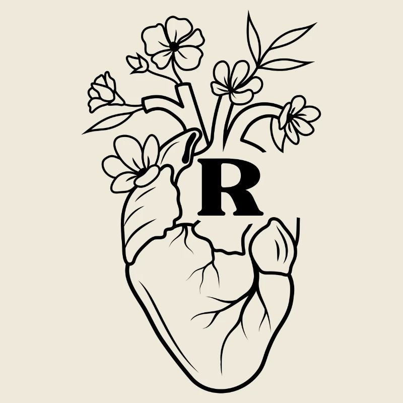Buchstabe r Herz schwarze florale Anatomie