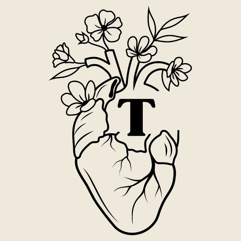 Buchstabe t Herz schwarze florale Anatomie