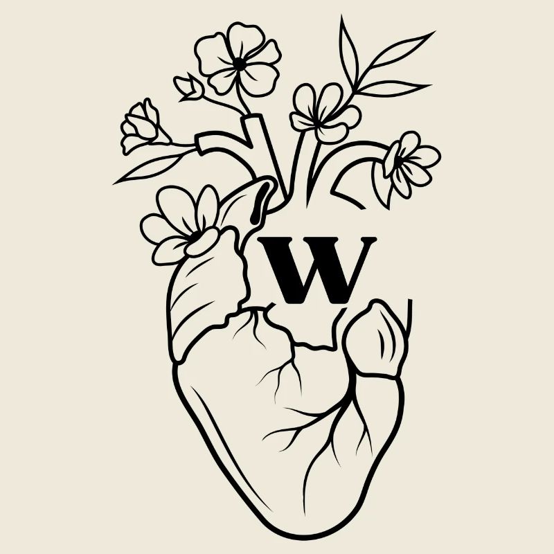 Buchstabe w Herz schwarze florale Anatomie