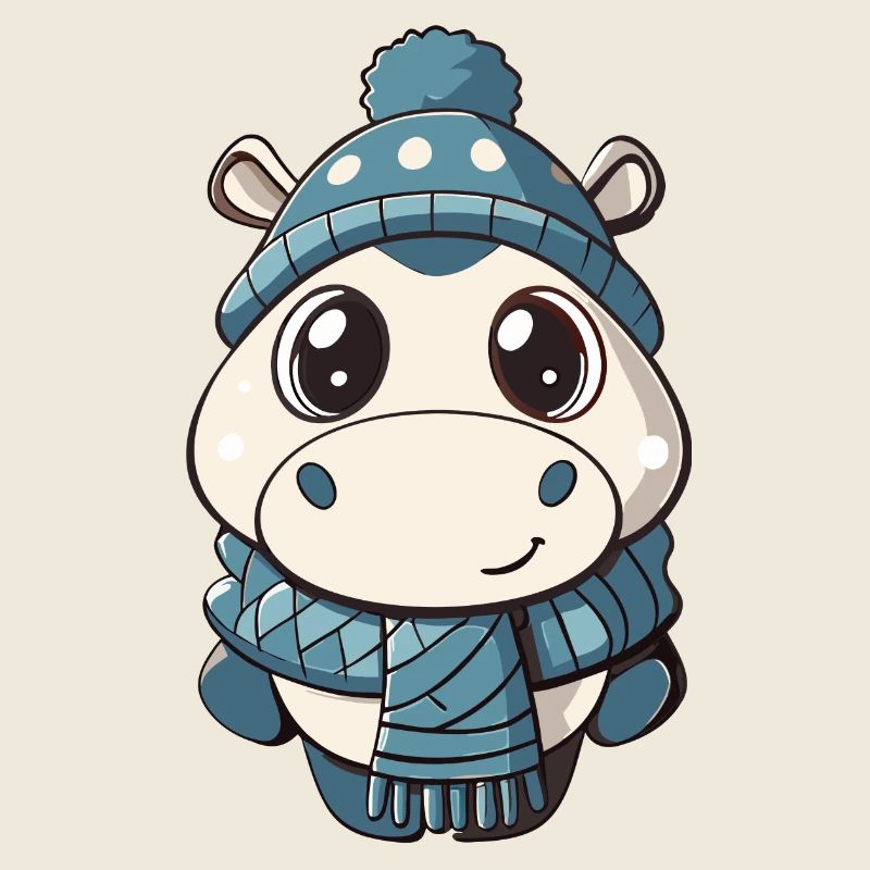 Cute hippo with scarf and bobble hat.