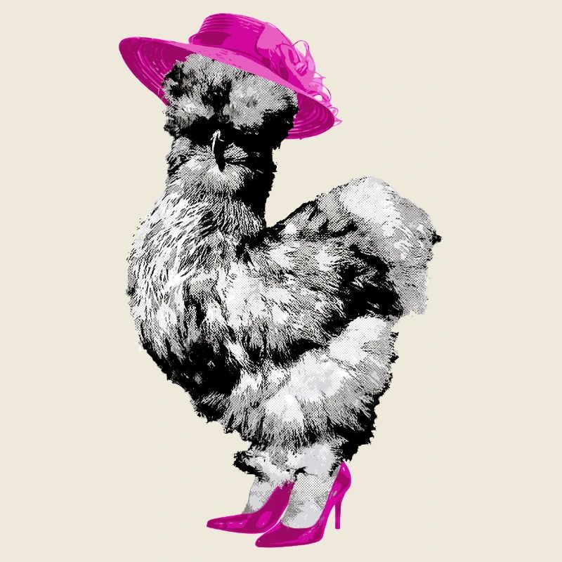 Poulet avec chapeau de dame et talons hauts, poulet en soie