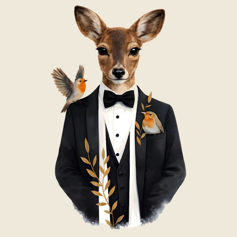Elegant deer in tuxedo with birds