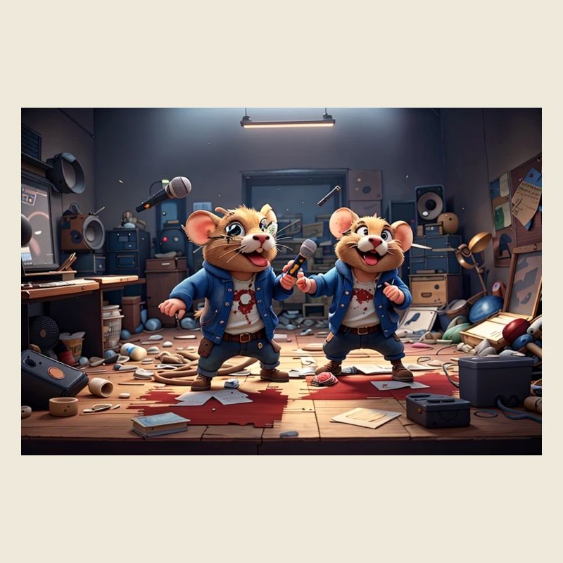 2 amis rats dans un studio de musique désordonné