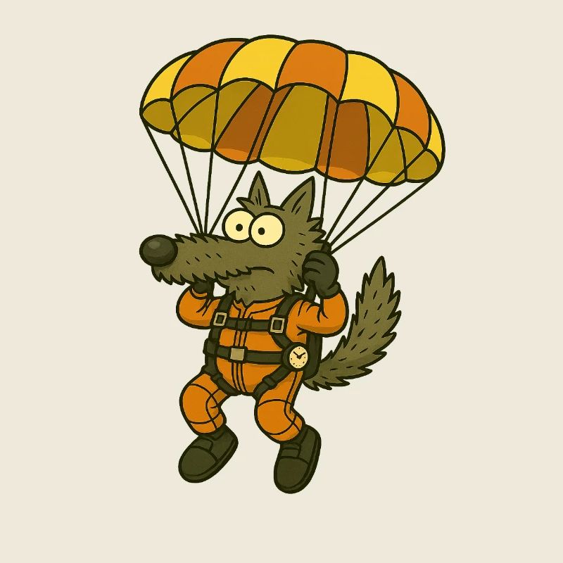 Wolfgang Wolf Lustiger Cartoon-Wolf mit Fallschirm