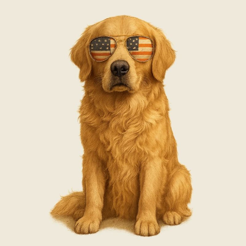Patriotischer Golden Retriever Hund mit Flaggenbrille