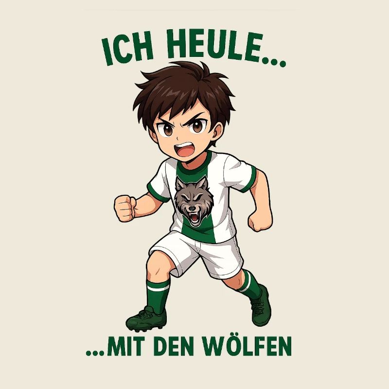 Kämpferischer Junge mit Wolf-Motiv