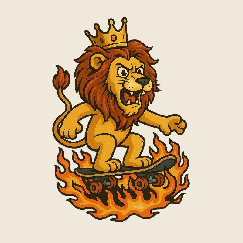 Lion majestueux sur skateboard avec couronne