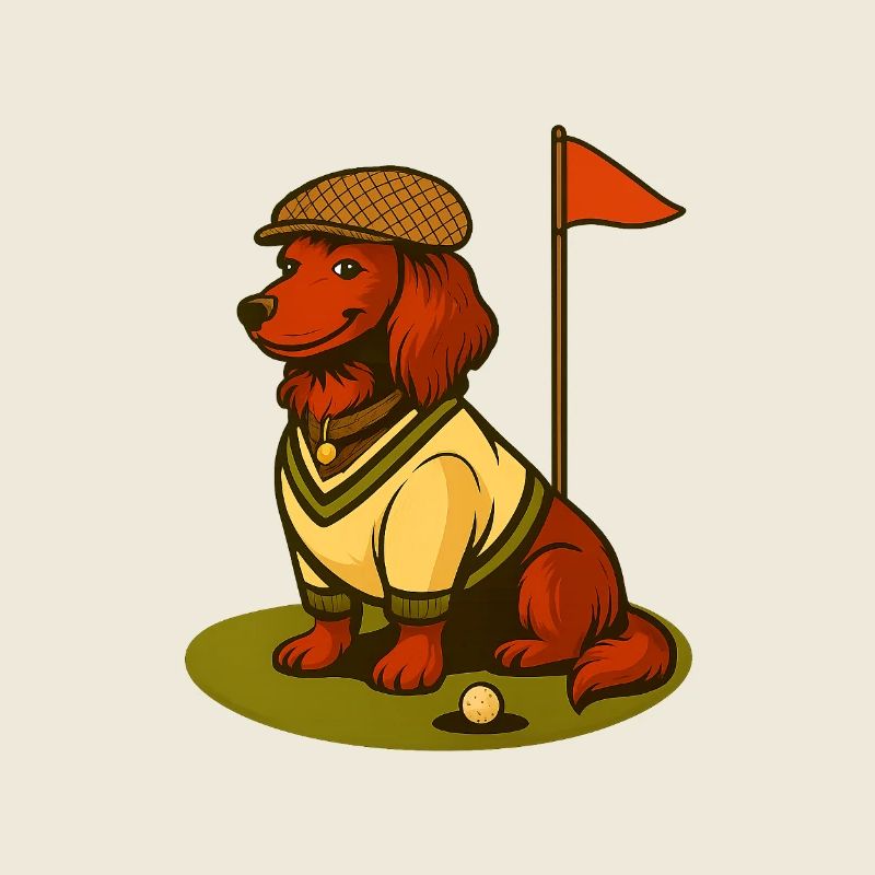 Golf Dackel im Retro-Outfit mit Fahne.