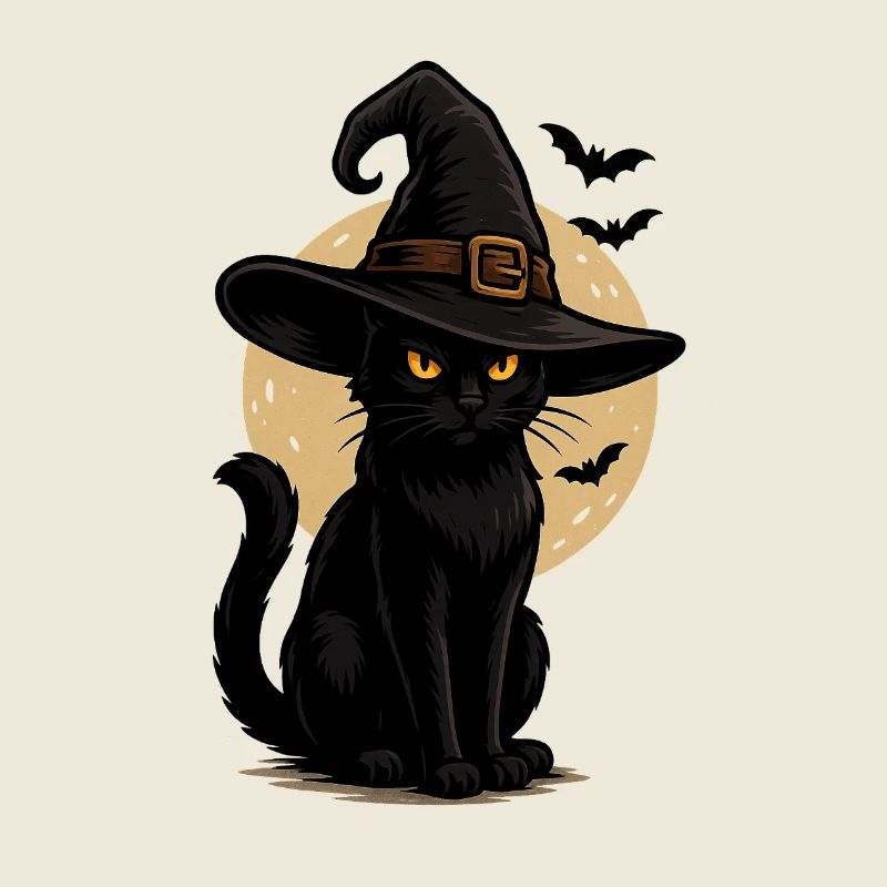 Black Cat in Witch Hat Moonlit Night