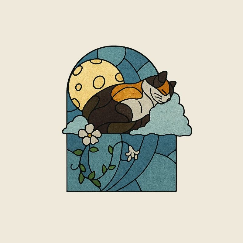 Sleeping cat in stained glass window