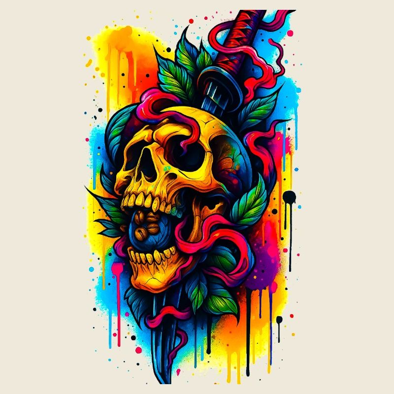 Colorful Skull with Knife and Leaves
