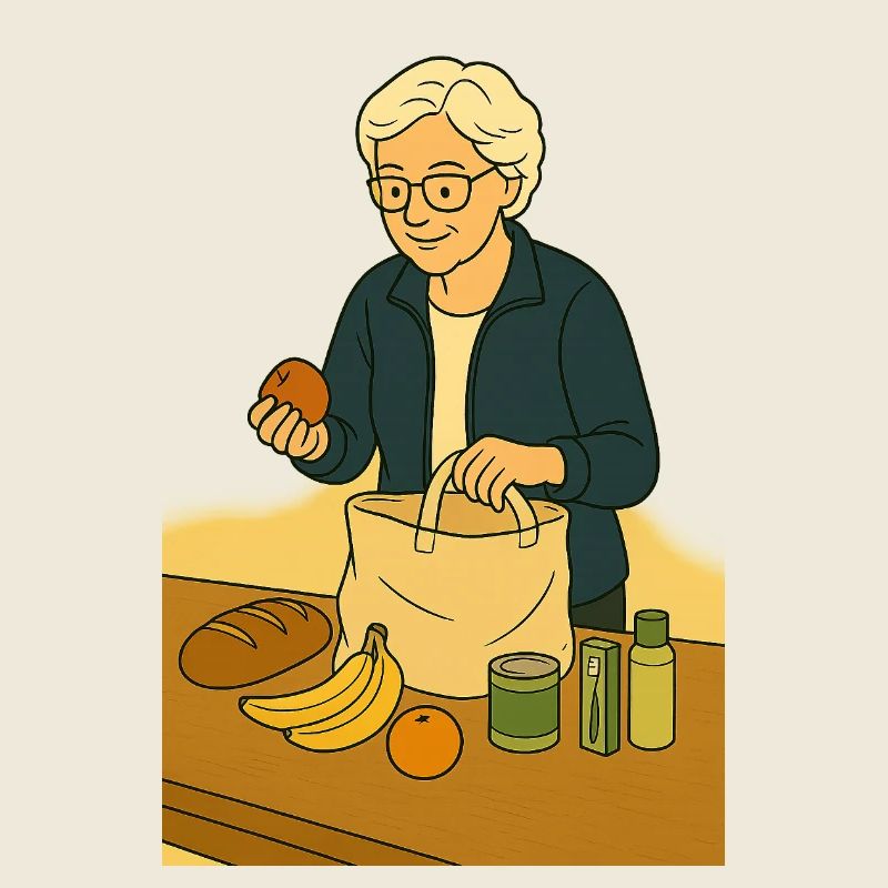 Oma beim Auspacken Einkaufstasche