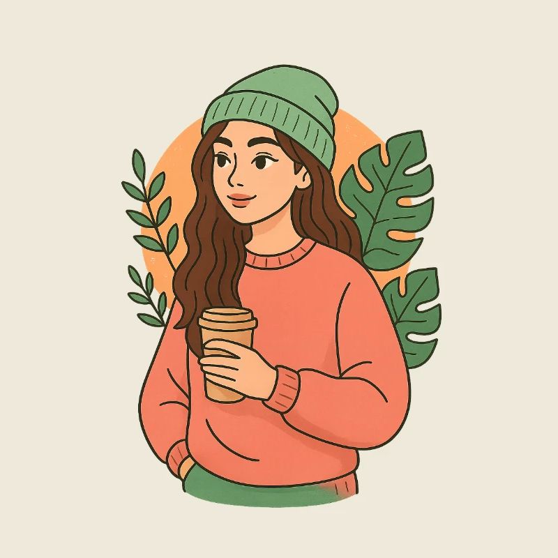 Kuschelige Naturfrau mit Kaffeebecher, Chill Mode