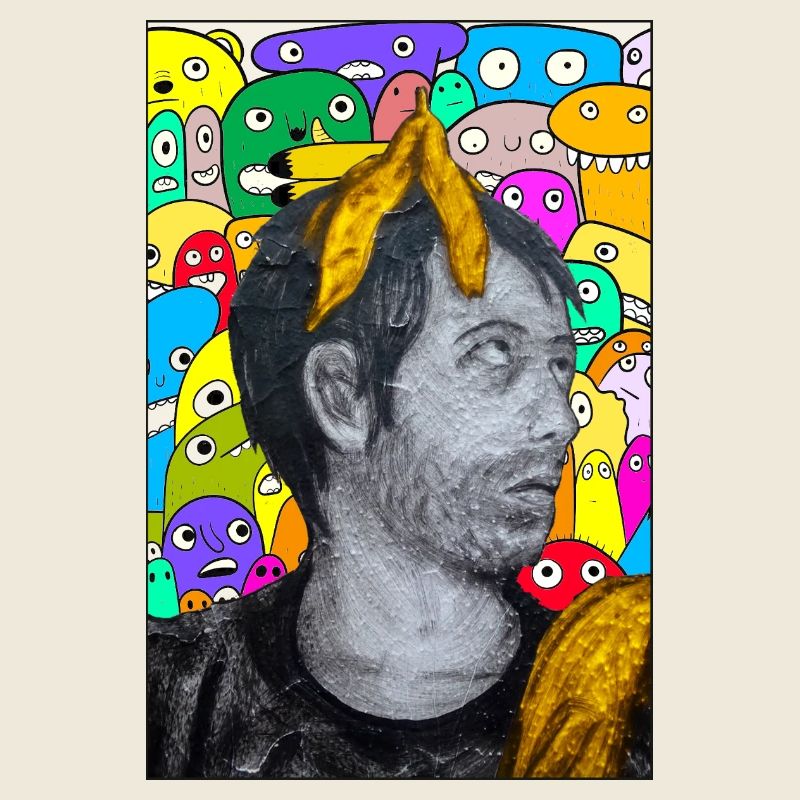 Graustufen-Porträt inmitten einer farbenfrohen Menge