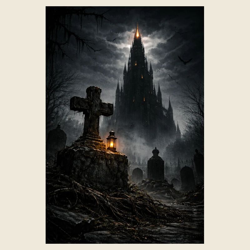 Château gothique dans le brouillard