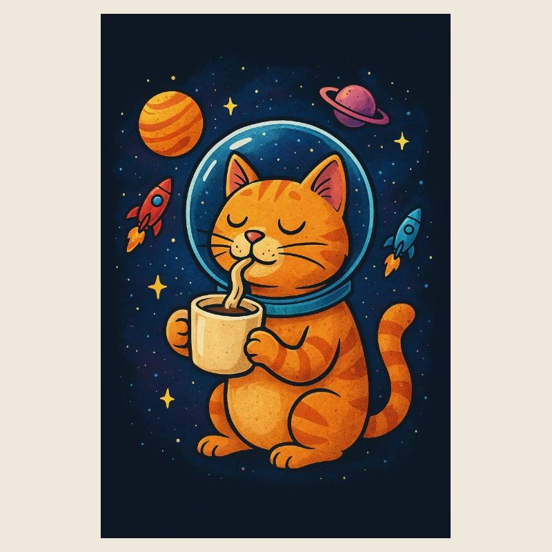 Katze im Raumanzug trinkt Kaffee
