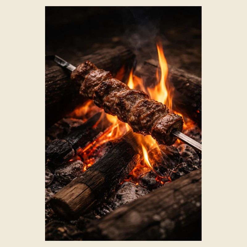 Flames skewer at the campfire