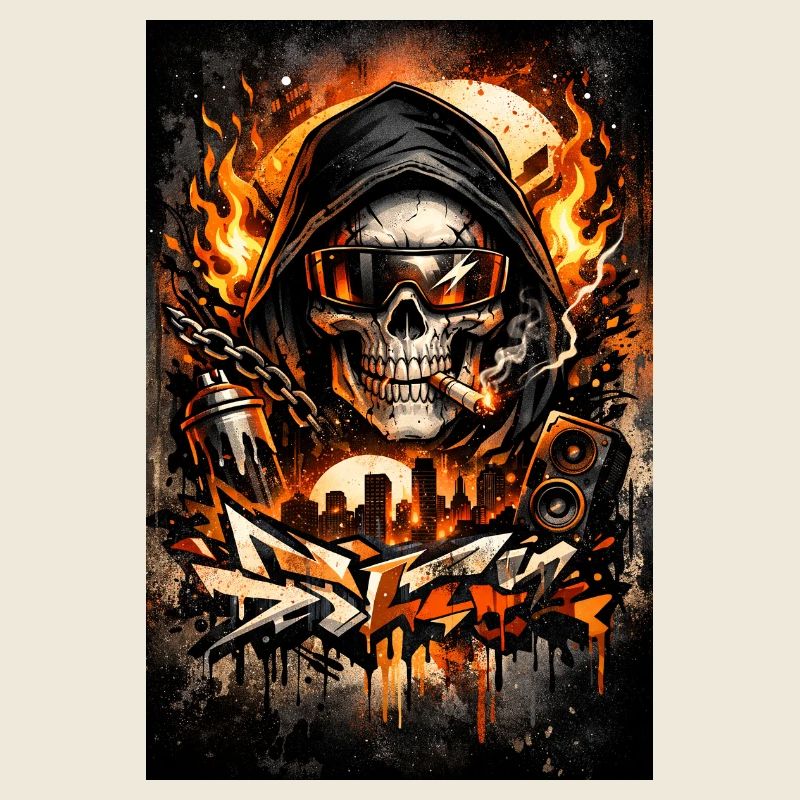 Urban skull with flames skyline
