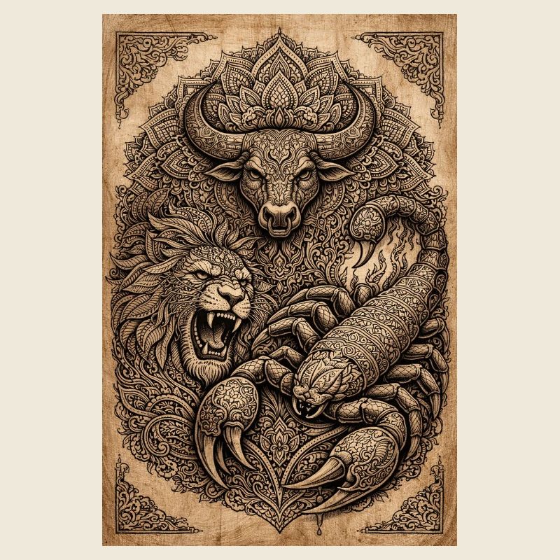 Tiermandala: Löwe Bison Schlange