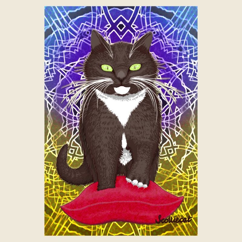 Tuxedo cat making biscuits - Cute art for cozy day