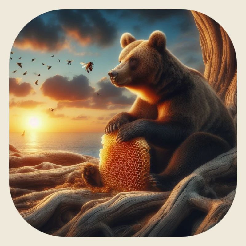 Brown bear sitting in front of a tree with honeycomb