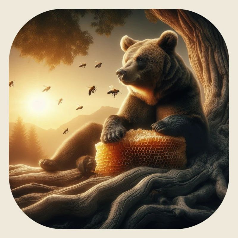 Brown bear sitting in front of a tree in sunset