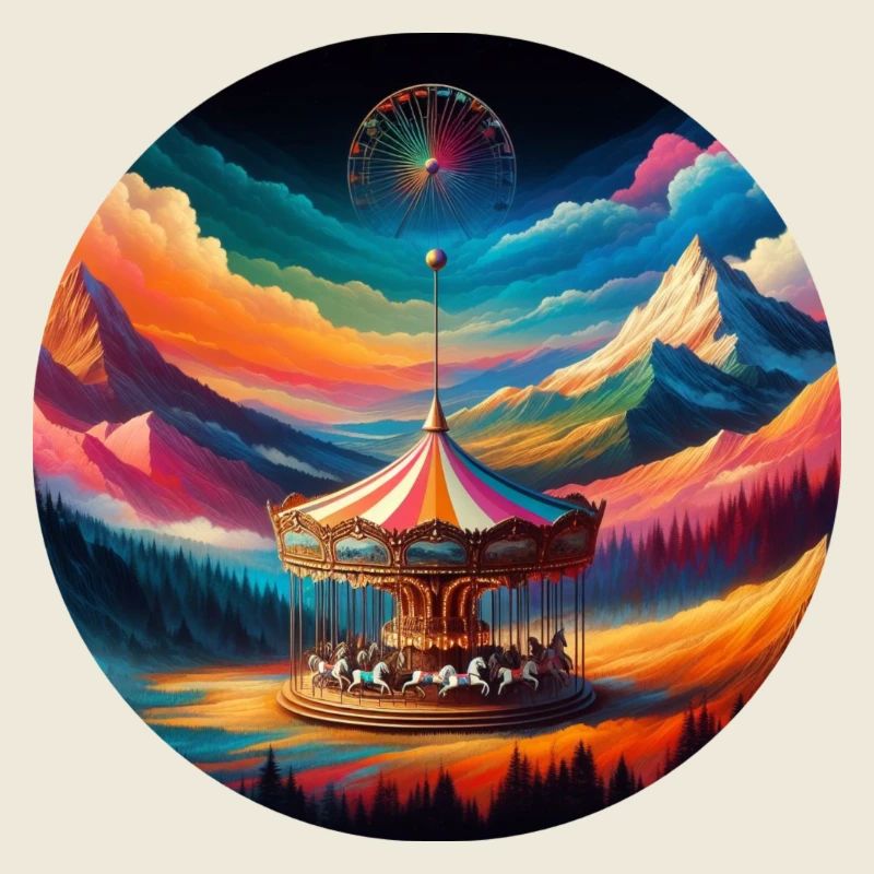 Bunte Berg Landschaft mit Karussell Pferden