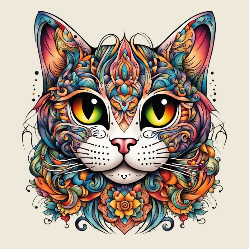 Cat in colorful tattoo style