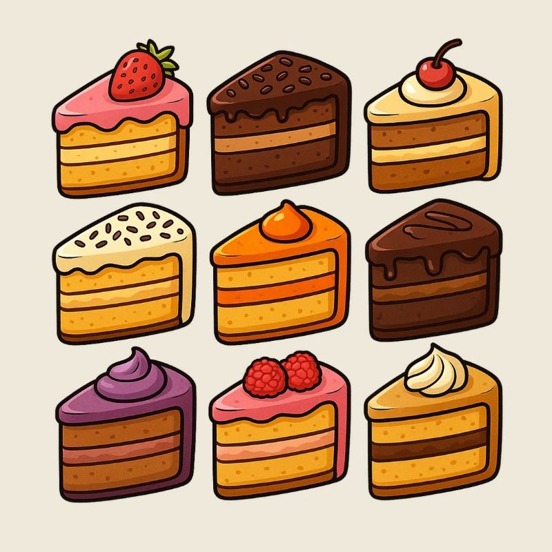 Neun handgezeichnete Kuchenstücke im Kawaii-Stil