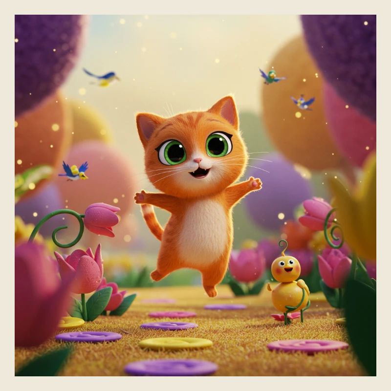 Le chaton saute à travers le royaume des fleurs