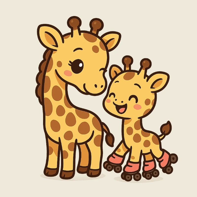 Mama Giraffe bringt ihrem Kleinkind das Rollschuhlaufen bei