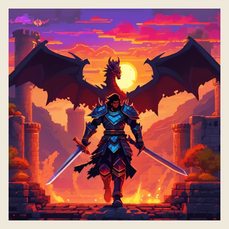 Dragon warrior in pixel art style