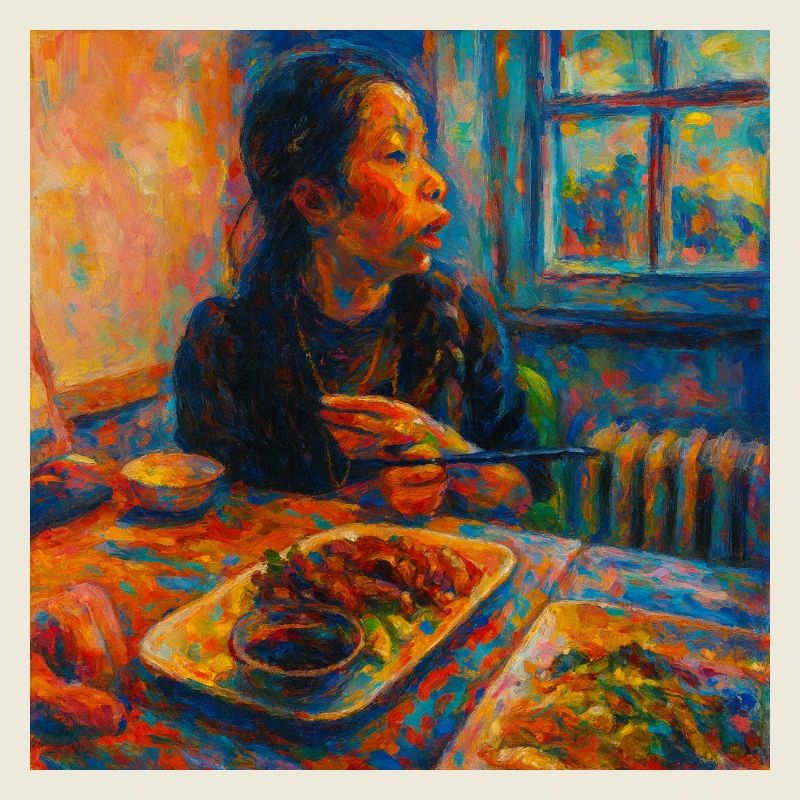 Ausdrucksstarkes Porträt von Reflexion und Essen