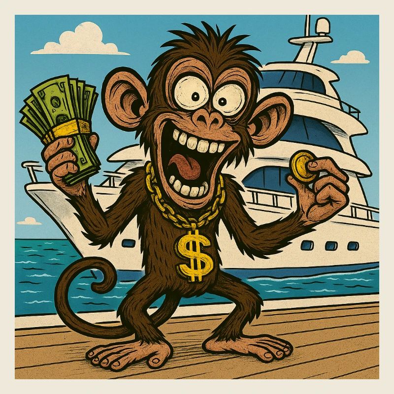Humorvoller Affe mit Geld und Yacht