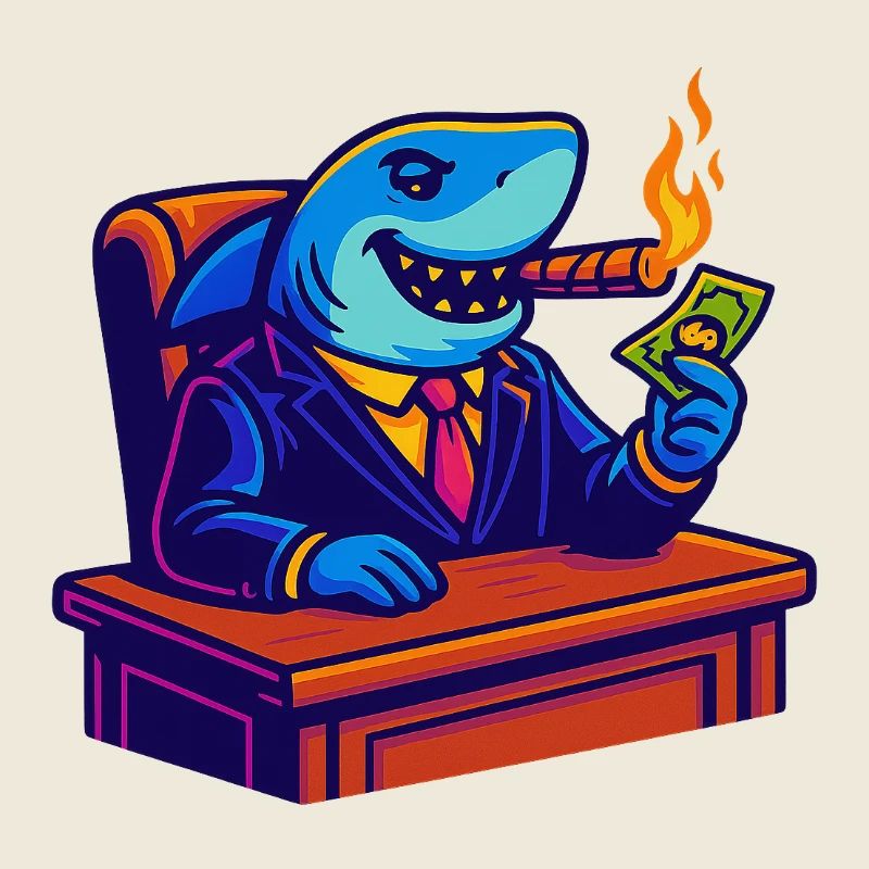 Büroshark mit Geld, Flamme und Zigarre